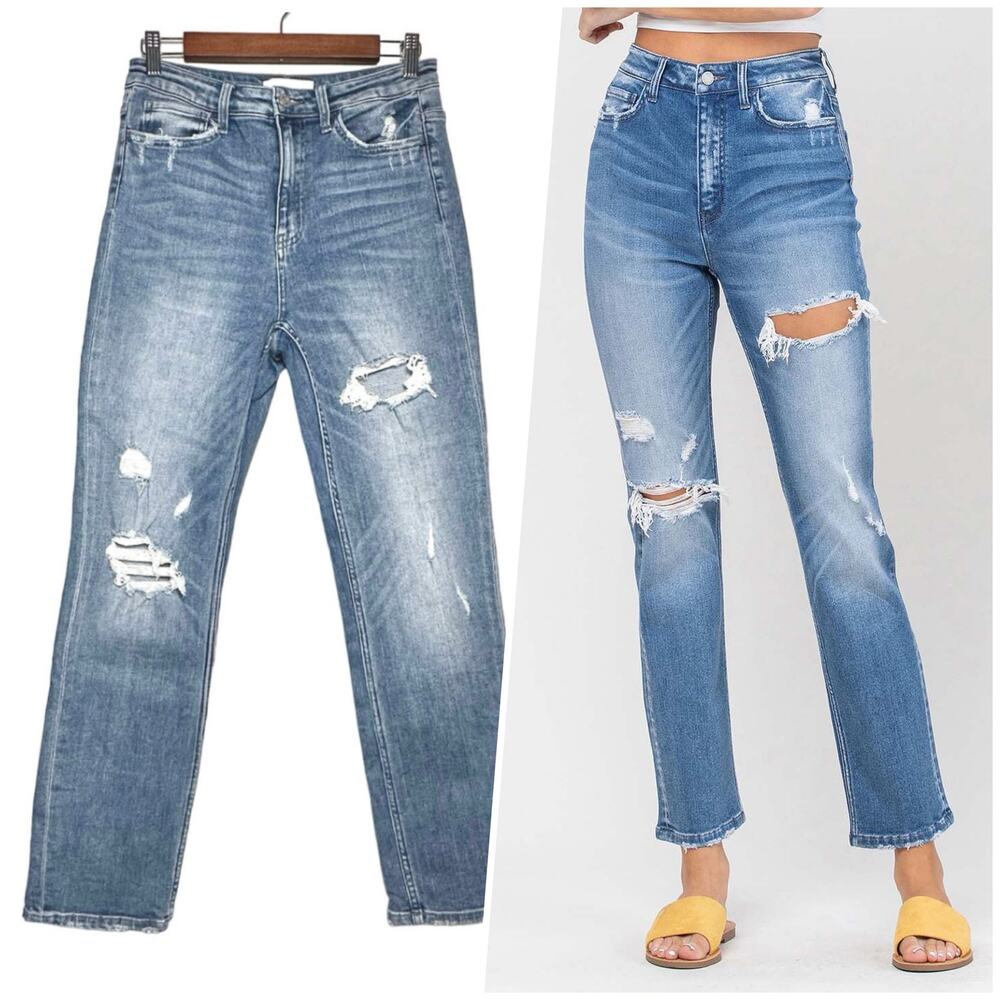 Vervet | Women | High Rise Distressed Straight Leg Stretch Ankle Jeans | Size 28